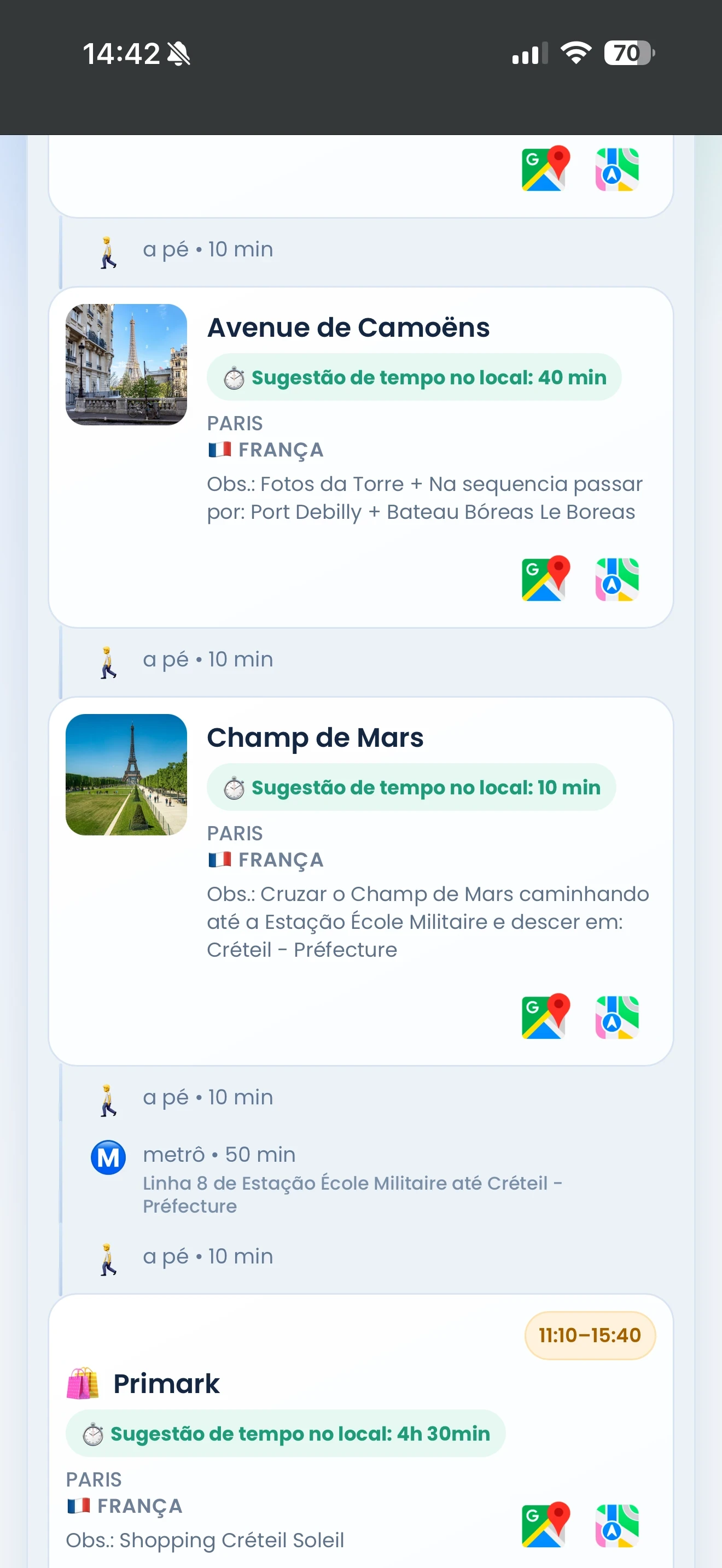 Print mobile do roteiro com bot&otilde;es de mapas